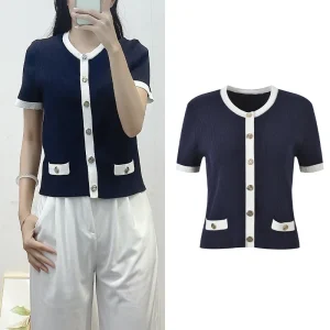 Summer 2025 New Sle Color Blo round Ne Single Button Slim Fit Faionable ort Knitted Top Women's Commute Sle - AliExpress Sweaters&Jumpers