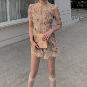 Amor Fairy Sle Handmade Embroidered Heavy Lace ort Sve High Collar  Pants Glittering  Sequins Nude - AliExpress Jumpsuits&Rompers