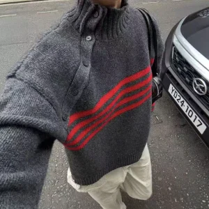 Loose Knitted Sweater Women Asymmetrical High Collar Striped Button Design Autumn Winter Faion French Sle Long Sve Top - AliExpress Sweaters&Jumpers