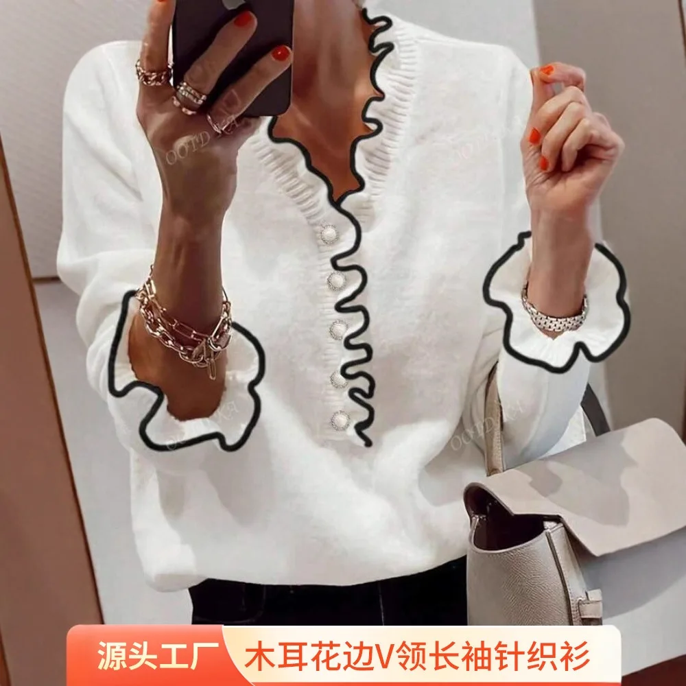 2025 New Autumn Lace Design Sense Long Sleeve V-Neck Versatile Clothes Women's Europe and America - AliExpress Sweaters&Jumpers