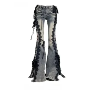 Retro Eyelets Lace up Flare Jeans Slim Straight Leg Cleanfit PVC Material ex Winter Collection Faion Casual Pants - AliExpress Pants