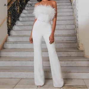 Europe America 2026 Spring New Simple Fashion Women's Jumpsuit Banquets Parties Elegant Strapless Feather Flared Pants Ladies - AliExpress Jumpsuits&Rompers