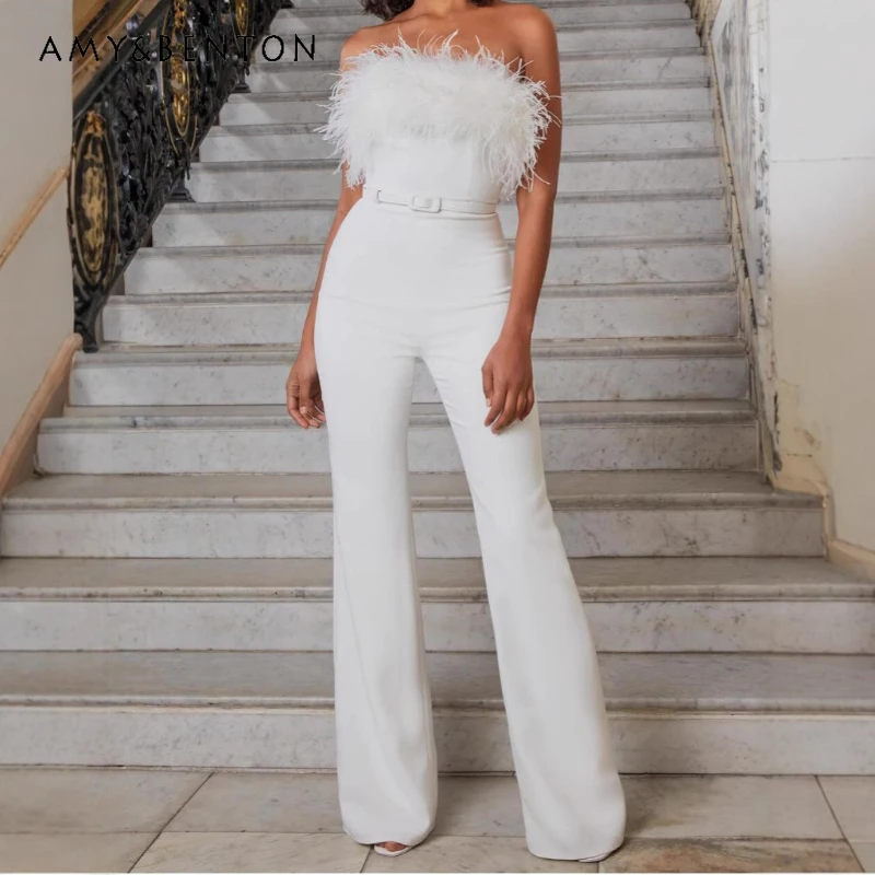 Europe America 2026 Spring New Simple Fashion Women's Jumpsuit Banquets Parties Elegant Strapless Feather Flared Pants Ladies - AliExpress Jumpsuits&Rompers