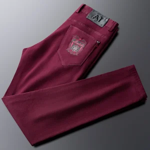 Autumn Winter Men's Slim Fit Casual Pants Embroidered Youth Faionable Purple Red Trendy Straight Leg Trousers - AliExpress Pants