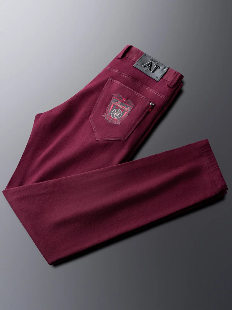Autumn Winter Men's Slim Fit Casual Pants Embroidered Youth Faionable Purple Red Trendy Straight Leg Trousers - AliExpress Pants