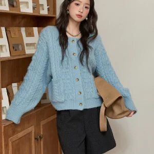 MISHOW Cardigan Women 2025 Autumn Winter Fashion Light Blue Retro Crew Neck Knitted Sweater Casual Loose  Pocket Top MXE49Z2614 - AliExpress Sweaters&Jumpers