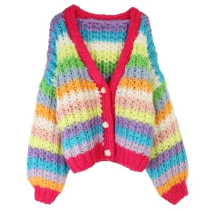 2025 Autumn And Winter Hand-knitted Sweater V-neck Long-sleeve Women's Sweater Rainbow Striped Bohemian Sweater Knitwear Tops - AliExpress Sweaters&Jumpers