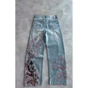 ex Cherry Blossom Knight All Embroidery Denim Pants Straight Leg Cleanfit Sle PVC Material Winter Collection - AliExpress Pants