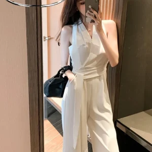 Ele High-End Women's Jumpsuit Faionable Summer Ne Hanging Pants High Waist Wide Leg Pants Belt ket Nine Points - AliExpress Jumpsuits&Rompers