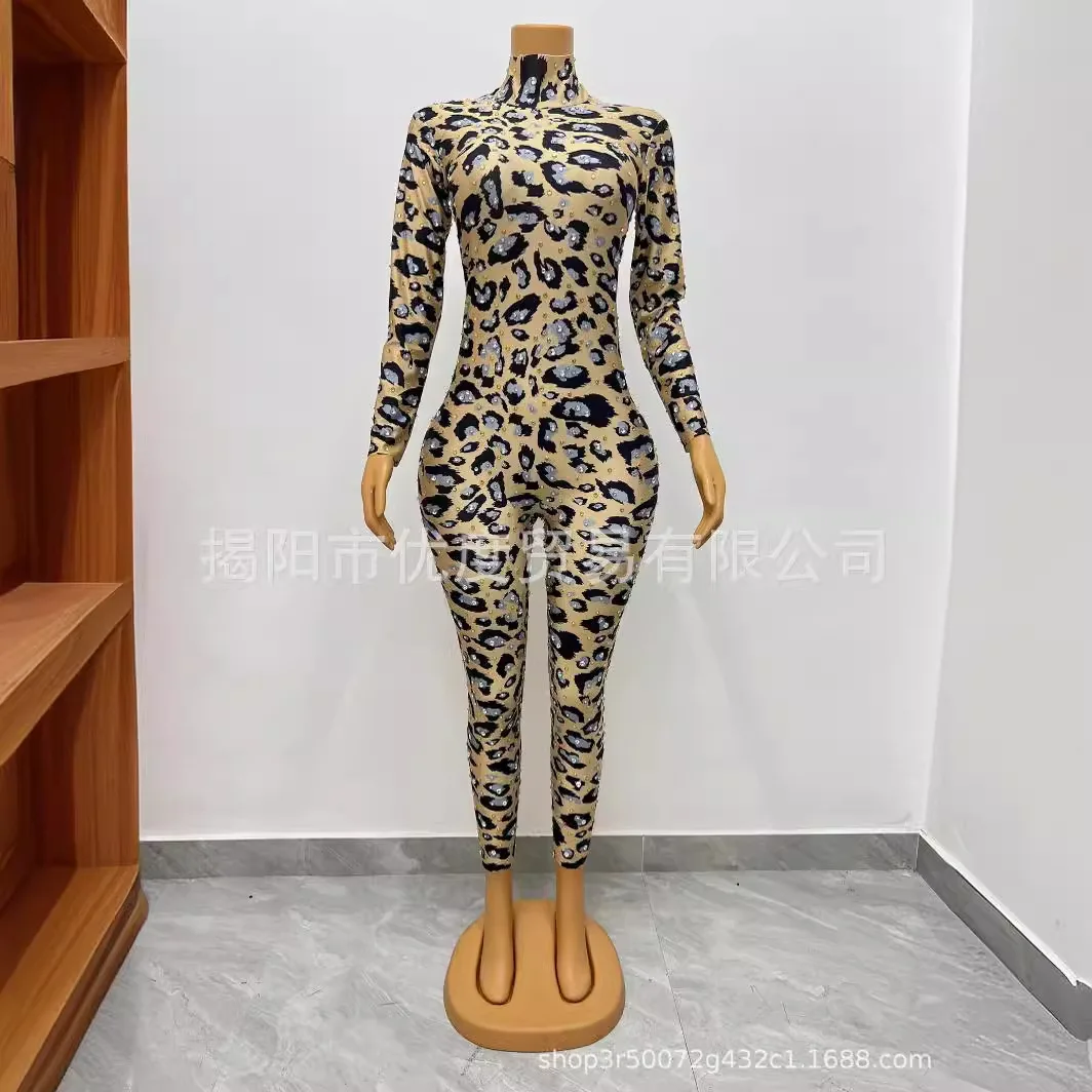 Printed Personality DJ Reception Rhinestone Long Sleeve Birthday Dress Female Singer Night Jumpsuit Leopard Print Party Dresses - AliExpress Jumpsuits&Rompers