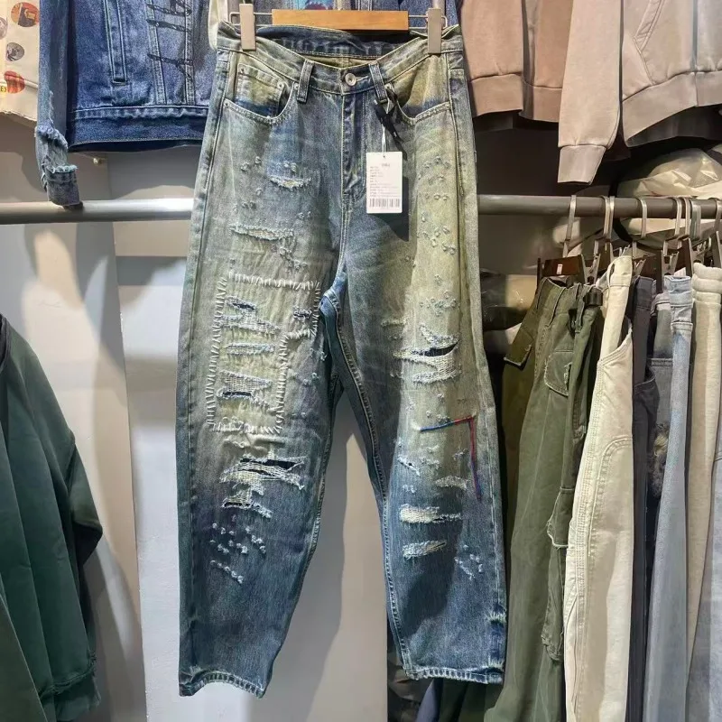 Retro Vintage Hole American Sle Jeans Men's Loose Wide Leg Straight Leg Jeans Women's Casual Cotton Pants Summer Autumn - AliExpress Pants