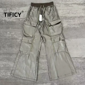 High Street Dark RO Workwear Multiple Pockets Floor Length Casual Pants Men's Copper Gray Glossy Wide Leg Casual Loose Pants - AliExpress Pants