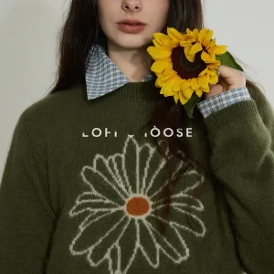 Lofi Choose Daisy Embroidered Oversized Soft round Ne Knitted Sweater Women's Spring New Versatile Top Comfortable Wool Blend - AliExpress Sweaters&Jumpers
