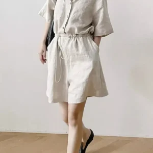Summer Women Cotton Linen Rompers One Piece Short Sleeve Playsuits Casual Adjustable Waist Loose Fit Short Jumspuit Streetwear - AliExpress Jumpsuits&Rompers
