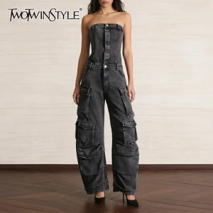 TWOTWINSTYLE Solid Spliced Pockets Jumpsuit Female Strapless Sleeveless Loose Vintage Streetwear Women's Jumpsuits Summer New - AliExpress Jumpsuits&Rompers