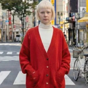 imakokoni Red Slouchy Cardigan Women V-neck Distressed Loose Knit New Arrival 255323 - AliExpress Sweaters&Jumpers