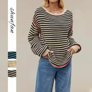 2025 new autumn and winter European and American women's striped knitted top round neck pullover loose long sleeved sweater - AliExpress Sweaters&Jumpers