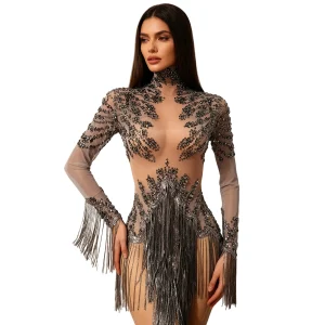 Sparkly Crystals Sequins Tassel Bodysuit Bar Ladies Latin Dance Team Leotard Dresses See Through Mesh Sexy Club Outfit Tangshui - AliExpress Jumpsuits&Rompers
