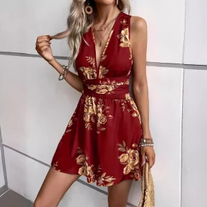2025 New Summer Women's Fashion V-neck Suspender Print Jumpsuit - AliExpress Jumpsuits&Rompers