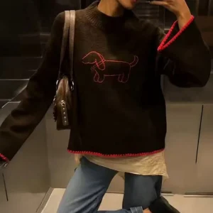 Retro Sle Women's Knitted Wool Sweater with Embroidered Dog And Color Blo  Long Sve round Ne Regular Fit Winter Top - AliExpress Sweaters&Jumpers