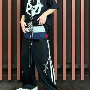 Ailz Project  Dstring Embroidered Letter Sweatpants Loose Wide Leg Patchwork Long Trousers Casual Cotton Pants - AliExpress Pants