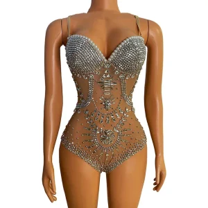 Sparkling crystal diamond glamorous swimsuit spaghetti strap transparent one-piece dress sexy solid color sleeveless lingerie - AliExpress Jumpsuits&Rompers
