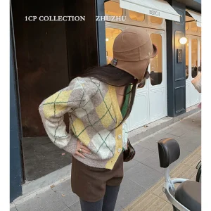 Women's Knitted Diamond Pattern Sweater Coat Warm Contrast Color Winter Faion 2025 Loose Fit Long Sve Regular Length - AliExpress Sweaters&Jumpers
