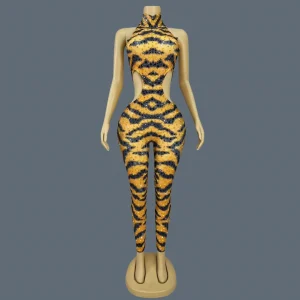 Sparkly Rhinestone Tiger pattern Tight Fitting Jumpsuit Night Party Sexy Stage Performance Sleeveless Skinny Outfit Menghuwang - AliExpress Jumpsuits&Rompers