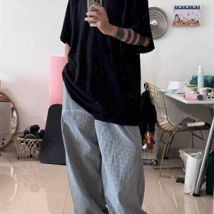 VANA ILUSION ey Thin Plaid Wide Leg Casual Pants Men Women Trendy High Waist Straight Leg Polyester Fiber Summer Leisure Pants - AliExpress Pants