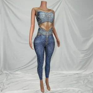 Designer Sleeveless Denim Print Rhinestone Jumpsuits Female Spandex Rompers Stage Performance Bodysuits Women Dance Leotard - AliExpress Jumpsuits&Rompers