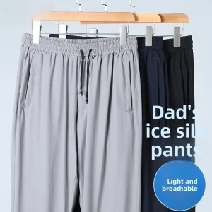 Ice Silk Elastic Waist Sports Pants Men's Summer Thin Qui Dry Casual Pants High Waist Straight Leg Faion Urban Sle - AliExpress Pants