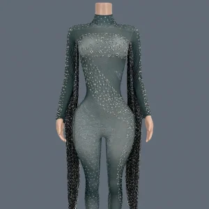 Spandex Tight Fitting Sexy Elastic Jumpsuit Shining Rhinestone Tassel Bodysuit Party Night Club Stage Performance Outfit Guoqing - AliExpress Jumpsuits&Rompers