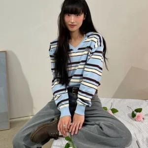 Spring 2026 Anti-Aging American College Sle V-Ne Long Sve Knitted Sweater Color Blo Top Women Casual Comfortable Bre... - AliExpress Sweaters&Jumpers