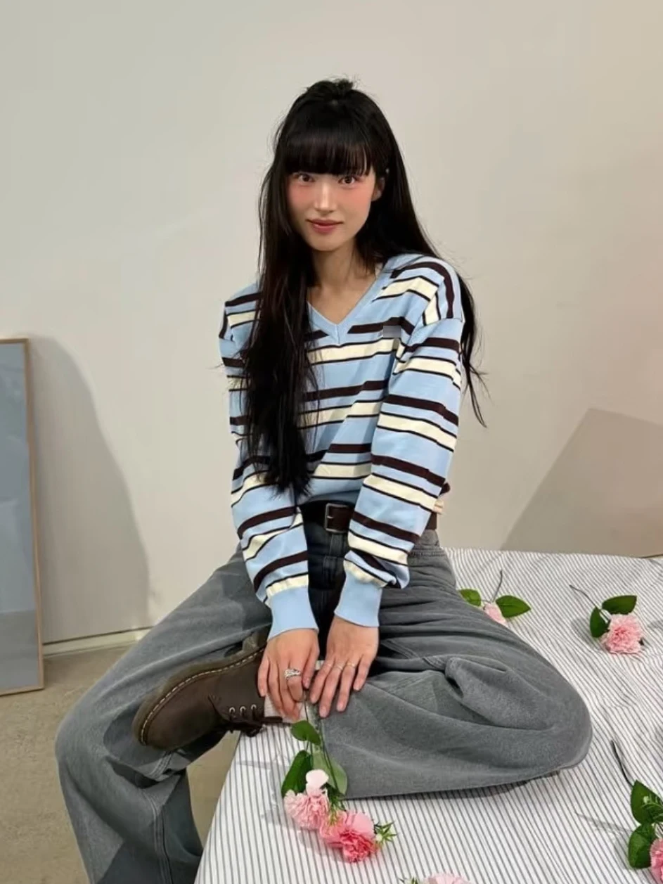 Spring 2026 Anti-Aging American College Sle V-Ne Long Sve Knitted Sweater Color Blo Top Women Casual Comfortable Bre... - AliExpress Sweaters&Jumpers