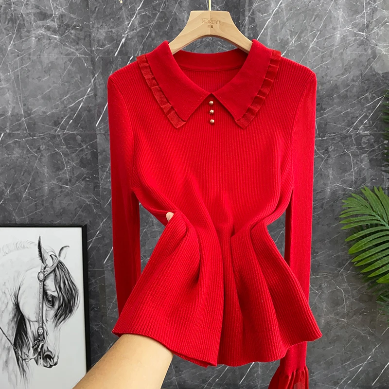 Elegant Red Woolen Neck Knitted Sweater Women's Fashion Spring Autumn New Year Goddess Style Long Sleeve Slim Fit Top - AliExpress Sweaters&Jumpers
