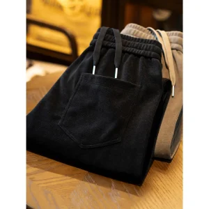 New Knitted Casual Pants Men's Loose Straight High Waist Wide Leg Sweatpants Elastic Waist Thickened Long Trousers Autumn Winter - AliExpress Pants
