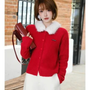 MIUCO Red Bear Fur Knitted Open Cardigan Removable Collar Warm Inner Wear Outerwear Spring Festival Aosphere Sensation Wome... - AliExpress Sweaters&Jumpers