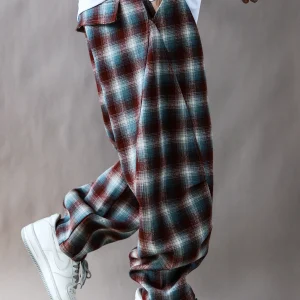 American Sle Retro Heavyweight Men's Casual Pants Spring Autumn Loose Fit Red Plaid Bend Knife Long Trousers - AliExpress Pants