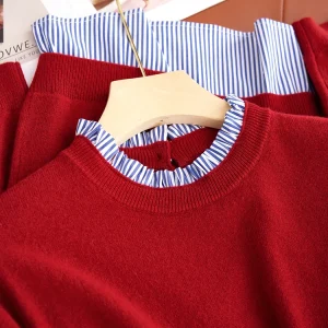 Faionable Skin-Tightening Cisas Red Pure Wool Patchwork irt Fake Two-Piece Knitted Sweater Women's Sle Commute Wind - AliExpress Sweaters&Jumpers
