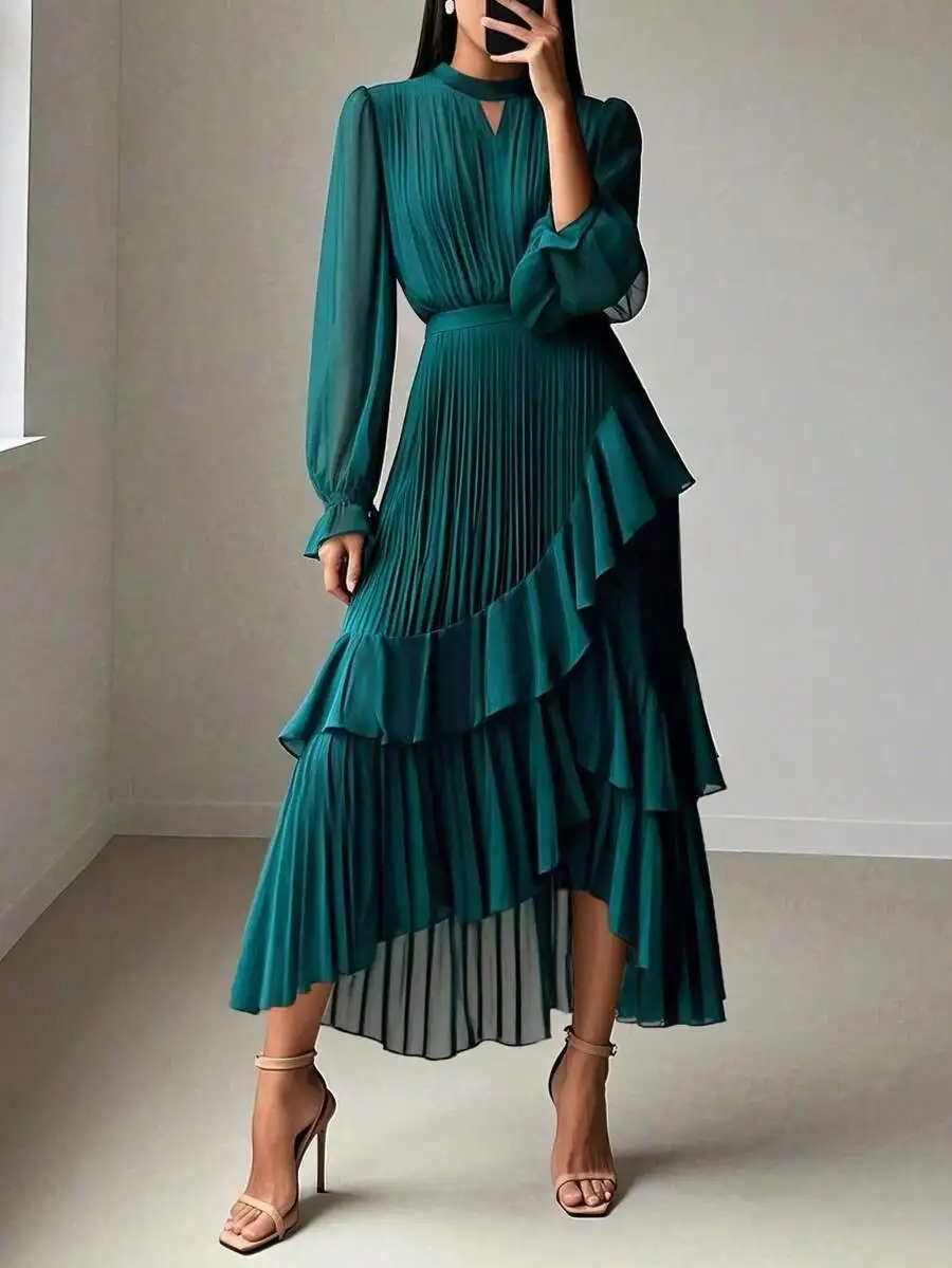 Elegant Teal Ruffled Asymmetrical Tiered Evening Gown with Long Sleeves - AliExpress Sweaters&Jumpers
