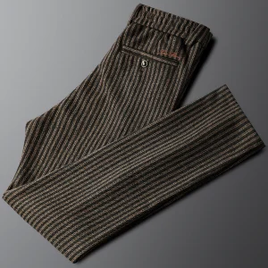 Busin Casual Pants Men's Slim Straight Thiened Elastic Waist Commute Autumn Winter New Sle Coffee Vertical Stripes - AliExpress Pants