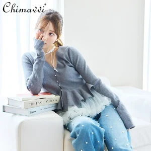 Japanese Sweet V-Neck Women's Lantern Hem Short Ruffled Long Sleeve Knitted Cardigan + Vest Two-Piece Set 2025 Autumn New Style - AliExpress Sweaters&Jumpers