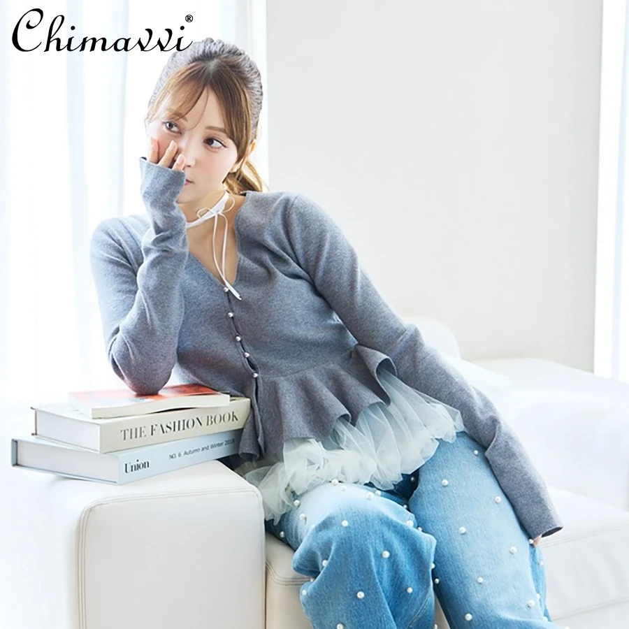 Japanese Sweet V-Neck Women's Lantern Hem Short Ruffled Long Sleeve Knitted Cardigan + Vest Two-Piece Set 2025 Autumn New Style - AliExpress Sweaters&Jumpers