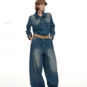 Wutong Long Sve Collared Denim Overalls Women's High Waist Wide Leg Pants Floor Length Autumn Korean Design Sense - AliExpress Jumpsuits&Rompers