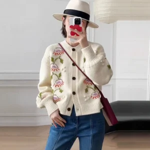 Ele Embroidered round Ne Lantern Sve Knitted Cardigan Women's High-End Sweater Loose Fit Comfortable Woolen Coat - AliExpress Sweaters&Jumpers