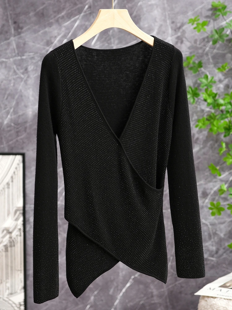 Slimming High-Rising Cross V-Neck Beaded Diamond Fashionable Knitted Sweater Women's Woolen Knitwear Commute Style Long Sleeve - AliExpress Sweaters&Jumpers
