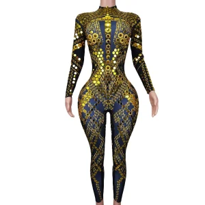 Fashion Elastic Long Sleeves Sequins Gold Bodysuits Pole Dance Team Stage Leotard Spandex Rompers Women Sexy One Piece Jumpsuis - AliExpress Jumpsuits&Rompers