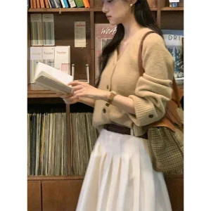 Soft Vintage Dongda Gate 26 Autumn Loose Simple V-ne Single Button Knitted Open Cardigan Women's Casual Sle Long Sve - AliExpress Sweaters&Jumpers