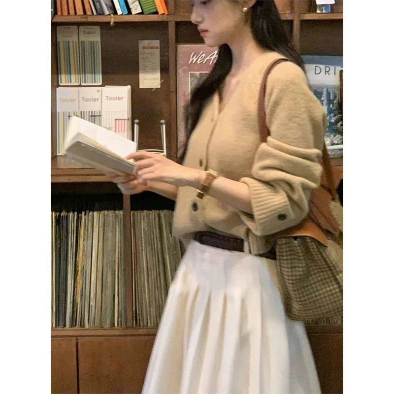 Soft Vintage Dongda Gate 26 Autumn Loose Simple V-ne Single Button Knitted Open Cardigan Women's Casual Sle Long Sve - AliExpress Sweaters&Jumpers
