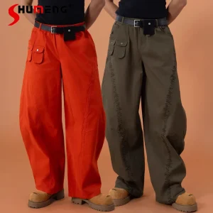 Solid Color Multi-Pocket Curved Wide-Leg Tooling Comfort Pants Men Four Season Wear Loose Straight Elastic Waist Cotton Trousers - AliExpress Pants